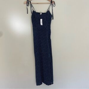 NWT J Crew Navy Blue White Polka Dot Midi Dress Tie Top With Slit Size 0